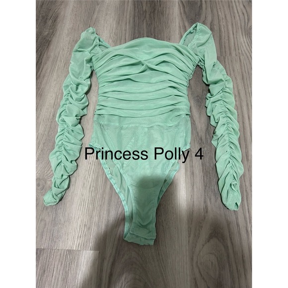 Princess Polly Tops - Princess Polly Mint Green Ruched Mesh Long Sleeve Bodysuit